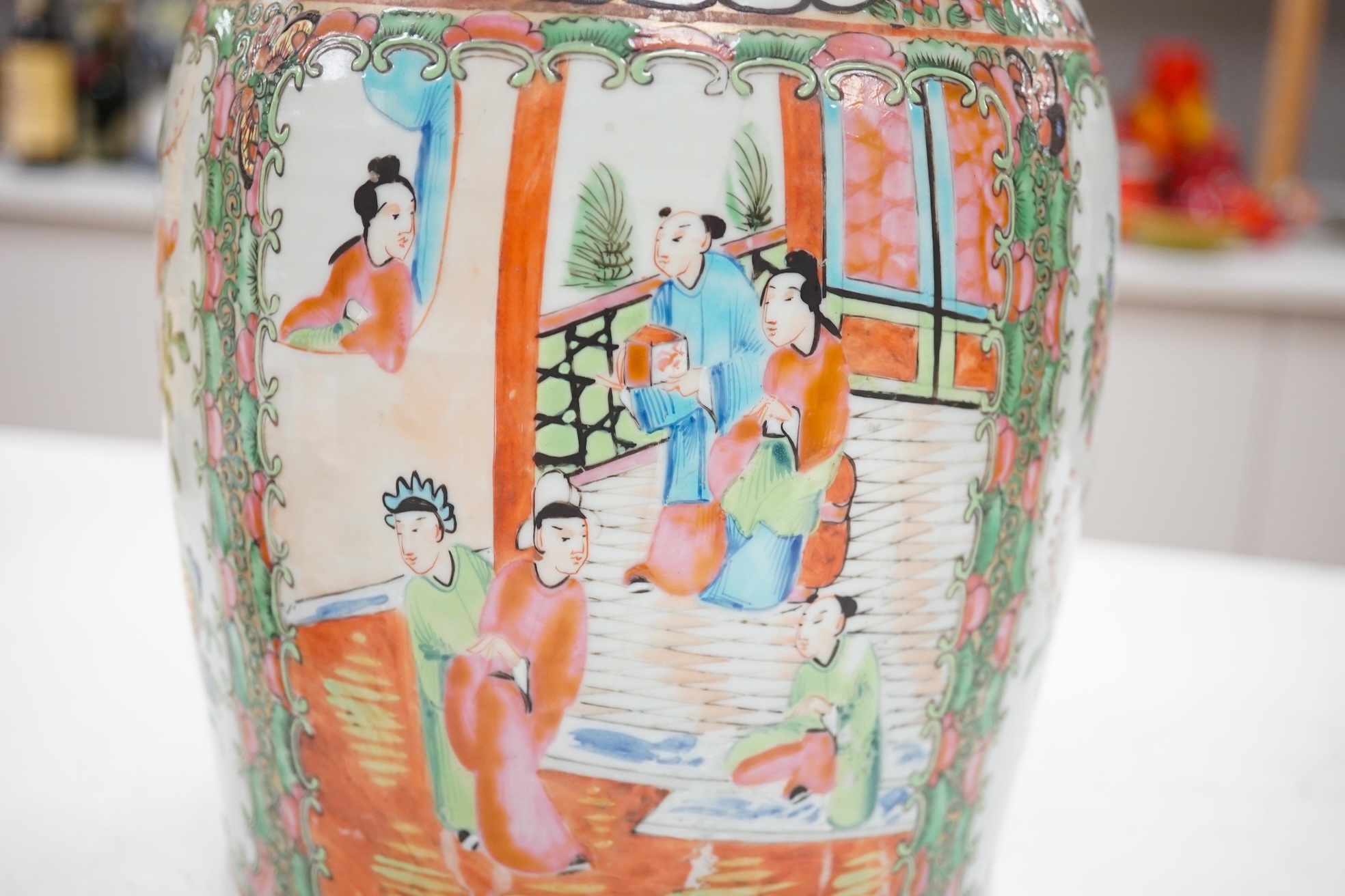 A 19th century Chinese famille rose vase, 33.5cm. Condition - poor to fair